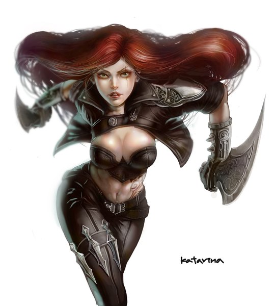 Anime picture 1320x1466 with league of legends katarina (league of legends) quanro single long hair tall image simple background white background holding cleavage red hair inscription teeth bare belly grey eyes tattoo scar dual wielding girl gloves