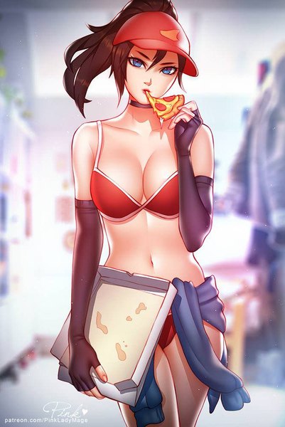 Anime picture 669x1000 with league of legends sivir (league of legends) pizza delivery sivir pink lady mage single long hair tall image looking at viewer fringe breasts blue eyes light erotic hair between eyes brown hair standing bare shoulders holding signed ponytail eating