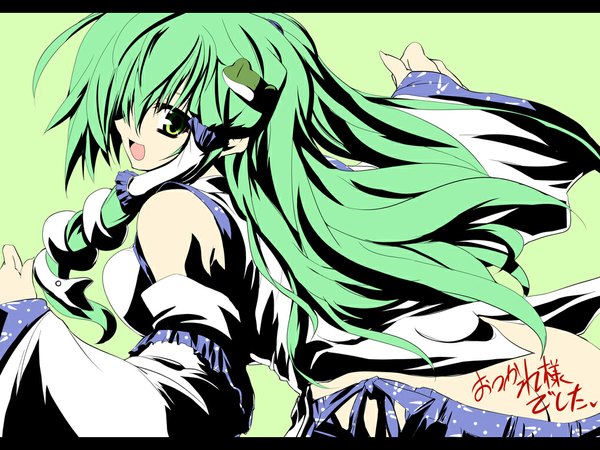 Anime picture 1024x768 with touhou kochiya sanae matsuno canel long hair breasts light erotic ass japanese clothes green hair wallpaper miko high contrast girl ribbon (ribbons) detached sleeves
