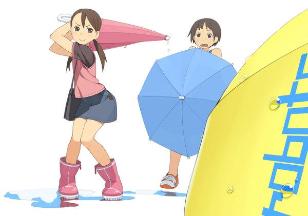 Anime picture 1280x900 with go robots short hair open mouth simple background smile brown hair white background twintails multiple girls holding brown eyes closed umbrella girl skirt 2 girls water boots umbrella bag