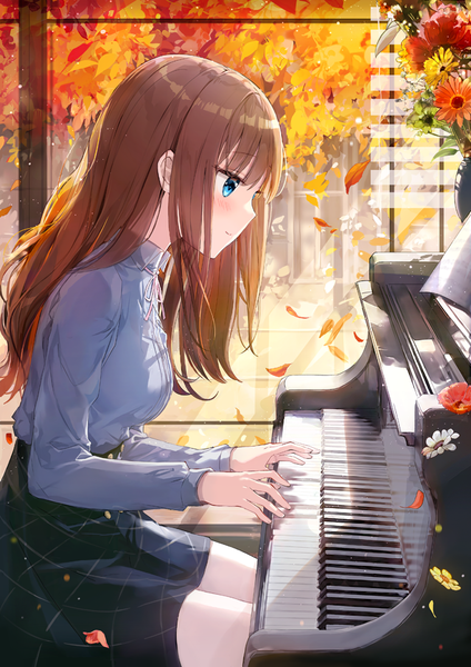 Anime picture 680x962 with original fuumi (radial engine) single long hair tall image blush fringe blue eyes smile brown hair sitting payot looking away long sleeves profile autumn playing instrument girl skirt flower (flowers)