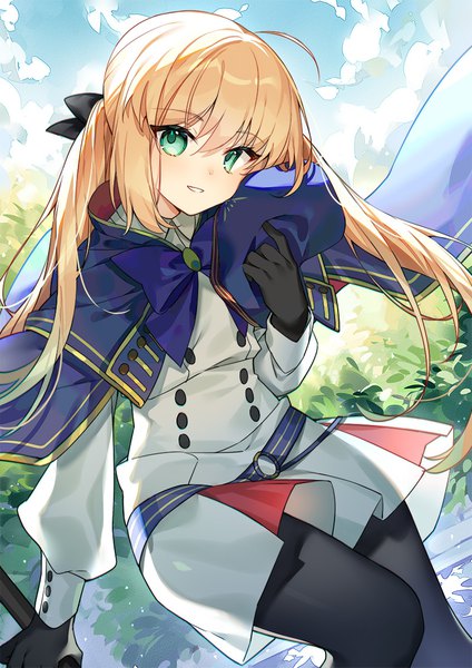Anime picture 800x1132 with fate (series) fate/grand order artoria pendragon (all) artoria caster (fate) kamiowl single long hair tall image looking at viewer fringe blonde hair hair between eyes twintails green eyes ahoge hat removed headwear removed girl gloves pantyhose