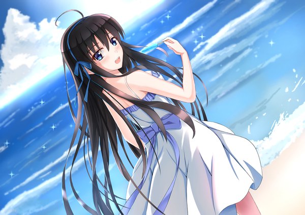 Anime picture 2047x1447 with original sion005 single long hair looking at viewer blush fringe highres open mouth blue eyes black hair hair between eyes standing bare shoulders holding sky cloud (clouds) ahoge outdoors looking back