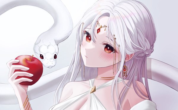 Anime picture 5098x3161 with original themaree single long hair blush highres simple background red eyes wide image holding looking away absurdres cleavage upper body white hair half updo girl earrings animal fruit