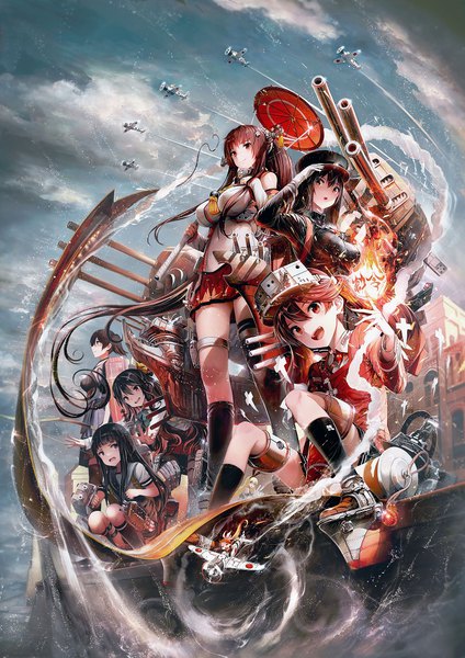 Anime picture 723x1024 with kantai collection shimakaze destroyer kaga aircraft carrier yamato super battleship ryuujou light aircraft carrier fairy (kantai collection) akitsumaru dock landing ship naganami destroyer hatsuyuki destroyer shirakaba long hair tall image looking at viewer blush short hair breasts black hair brown hair large breasts standing