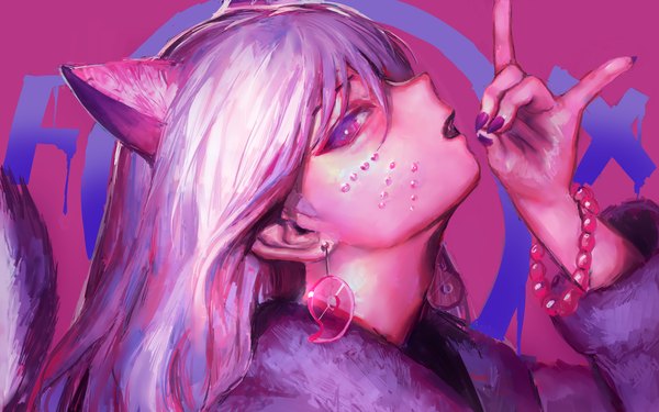 Anime picture 3200x2000 with original hatena (nazequestion) single long hair looking at viewer fringe highres open mouth simple background hair between eyes animal ears silver hair upper body nail polish profile pink eyes multicolored hair arm up fingernails fang (fangs)