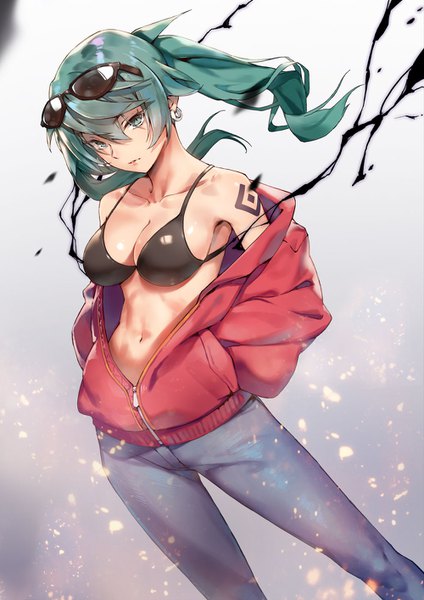 Anime picture 1000x1414 with vocaloid suna no wakusei (vocaloid) hatsune miku rainmaker single long hair tall image looking at viewer fringe breasts light erotic simple background hair between eyes standing twintails bare shoulders cleavage aqua eyes aqua hair off shoulder