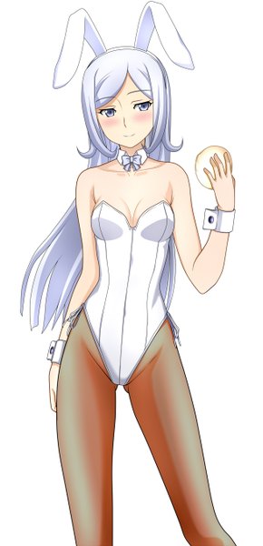 Anime picture 654x1350 with mobile suit gundam gundam build fighters sunrise (studio) aila jyrkiainen kenken single long hair tall image looking at viewer blue eyes light erotic simple background white background animal ears white hair bunny ears bunny girl girl wrist cuffs bunnysuit
