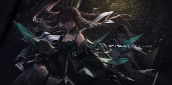 Anime picture 1701x850 with original pixiv fantasia pixiv fantasia t elina griffintil swd3e2 long hair looking at viewer highres black hair wide image multiple girls black eyes inscription dark background girl thighhighs dress gloves black thighhighs black gloves