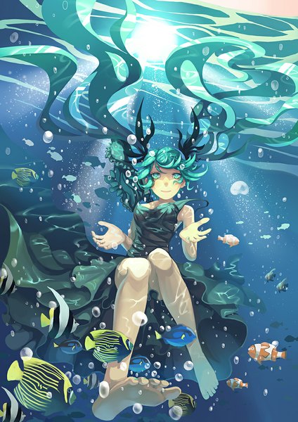 Anime picture 827x1169 with vocaloid shinkai shoujo (vocaloid) hatsune miku madyy single tall image looking at viewer smile twintails bare shoulders very long hair nail polish barefoot aqua eyes aqua hair underwater girl dress black dress bubble (bubbles)