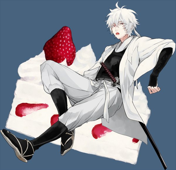 Anime picture 911x881 with gintama sunrise (studio) sakata gintoki urahara single short hair open mouth simple background red eyes looking away silver hair traditional clothes japanese clothes grey background boy weapon sword food hairband sweets