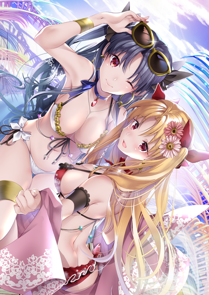 Anime picture 1064x1500 with fate (series) fate/grand order ishtar (fate) ereshkigal (fate) akatsuki hijiri long hair tall image looking at viewer blush fringe breasts open mouth light erotic black hair blonde hair smile red eyes large breasts standing multiple girls