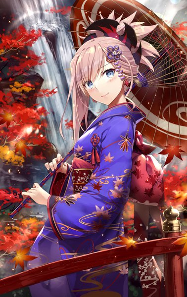 Anime picture 568x900 with fate (series) fate/grand order miyamoto musashi (fate) gabiran single long hair tall image looking at viewer blush fringe breasts blue eyes smile standing holding pink hair outdoors traditional clothes japanese clothes sunlight