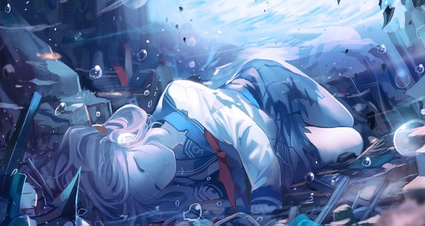 イラスト 1200x639 と 艦隊これくしょん 電(艦これ) チュ～ ソロ 長髪 wide image ピンク髪 lying eyes closed parted lips pleated skirt blurry depth of field torn clothes sleeves past wrists on side underwater ruins 女の子 スカート