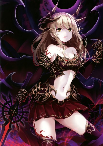 Anime picture 2397x3396 with original takehana note single long hair tall image highres light erotic blonde hair bare shoulders yellow eyes horn (horns) scan dark background multiple wings girl skirt gloves navel weapon miniskirt