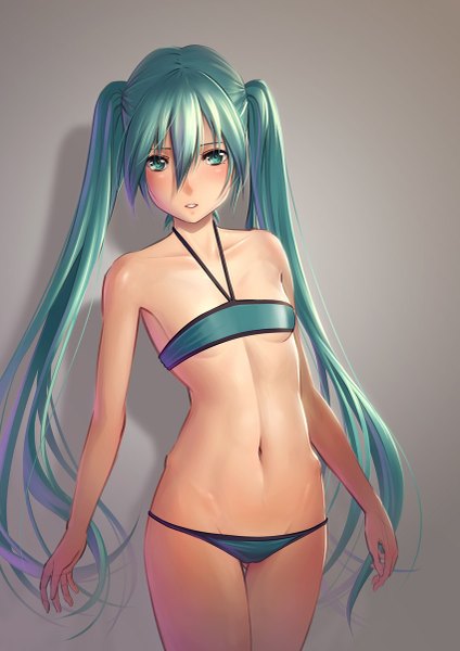Anime picture 849x1200 with vocaloid hatsune miku pinakes single long hair tall image looking at viewer blush light erotic simple background twintails bare shoulders aqua eyes aqua hair grey background girl navel swimsuit bikini