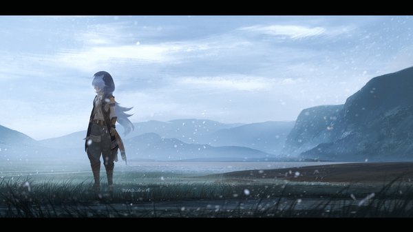 Anime picture 3332x1874 with genshin impact razor (genshin impact) anna (drw01) single long hair highres wide image standing signed sky silver hair full body outdoors snowing letterboxed mountain nature boy gloves plant (plants)