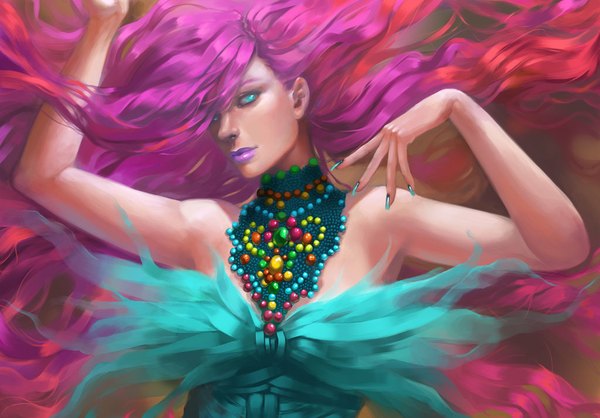 Anime picture 1024x715 with original hart-coco single long hair looking at viewer fringe bare shoulders pink hair nail polish multicolored hair aqua eyes fingernails hair over one eye two-tone hair lipstick long fingernails girl dress choker