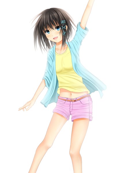 Anime picture 2894x4093 with original kurokami (kurokaminohito) single tall image looking at viewer blush highres short hair open mouth blue eyes black hair simple background white background girl navel shorts