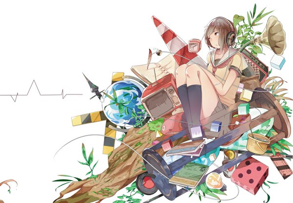 Anime picture 1000x695 with original shisu (binzo3) single short hair brown hair brown eyes girl uniform hair ornament plant (plants) school uniform hairclip headphones black socks feather (feathers) clock wire (wires) musical note traffic lights cube