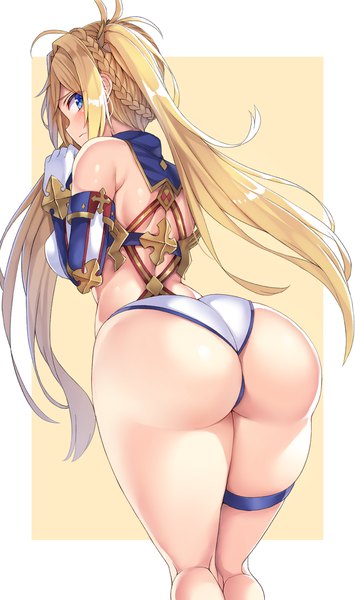 Anime picture 1244x2100 with fate (series) fate/grand order bradamante (fate/grand order) syow (syoutamho) single long hair tall image looking at viewer blush fringe blue eyes light erotic simple background blonde hair standing twintails bare shoulders payot ahoge ass