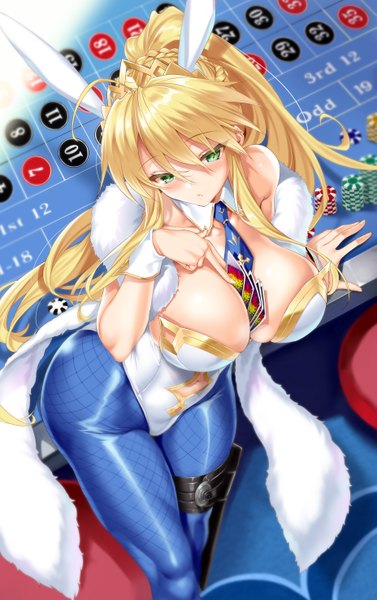 Anime picture 1854x2948 with fate (series) fate/grand order artoria pendragon (all) artoria pendragon (swimsuit ruler) (fate) cle masahiro single long hair tall image blush fringe highres breasts light erotic hair between eyes large breasts standing bare shoulders animal ears payot looking away