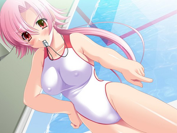 Anime picture 1024x768 with suisui -sweetheart swimmer (game) long hair blush light erotic red eyes pink hair game cg girl swimsuit