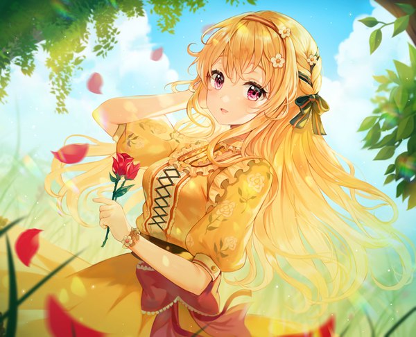 Anime picture 3531x2864 with bang dream! shirasagi chisato tokkyu single long hair looking at viewer blush fringe highres open mouth blonde hair smile hair between eyes standing holding absurdres sky cloud (clouds) outdoors braid (braids)