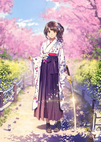 Anime picture 1000x1414 with original yohan12 single long hair tall image looking at viewer blush fringe smile brown hair holding brown eyes sky cloud (clouds) full body outdoors traditional clothes japanese clothes hair flower wide sleeves