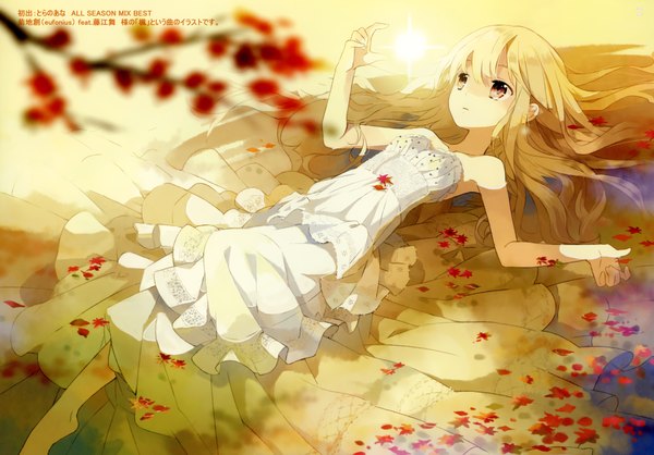 Anime picture 2990x2088 with original tiv single long hair highres blonde hair red eyes ophelia's pose girl dress petals leaf (leaves)