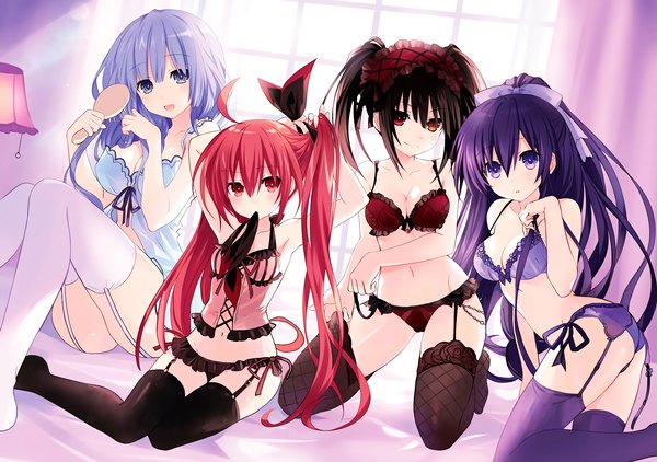 Anime picture 3064x2160 with date a live tokisaki kurumi yatogami tooka itsuka kotori izayoi miku tsunako long hair looking at viewer fringe highres breasts open mouth light erotic black hair hair between eyes red eyes sitting twintails purple eyes bare shoulders