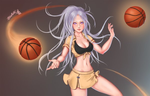 Anime picture 1920x1231 with league of legends syndra eliskalti single long hair looking at viewer highres breasts light erotic purple eyes silver hair lips bare belly midriff girl skirt navel miniskirt ball basketball ball