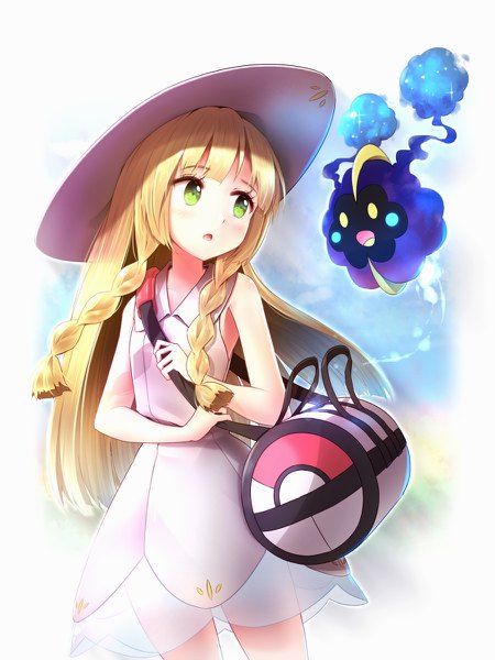 Anime picture 900x1200 with pokemon pokemon sm nintendo lillie (pokemon) cosmog minust single long hair tall image blush open mouth simple background blonde hair white background bare shoulders holding green eyes looking away braid (braids) looking back