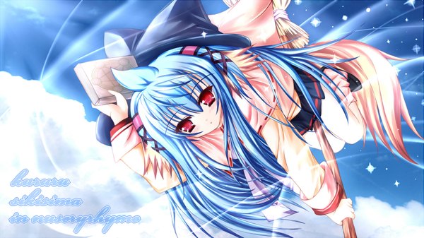 Anime picture 1619x912 with nursery rhyme shikishima krile mikan (5555) long hair red eyes wide image blue hair cloud (clouds) broom riding hat book (books) witch hat broom