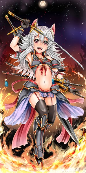 Anime picture 600x1209 with million arthur illustration contest million arthur irakon ken inu (marukome) single long hair tall image looking at viewer fringe open mouth light erotic smile animal ears silver hair pink eyes girl thighhighs gloves navel weapon sword