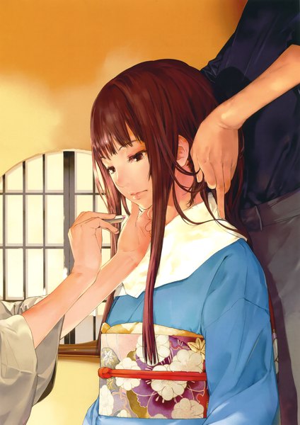 Anime picture 2334x3300 with original eshi 100-nin ten okazaki takeshi long hair tall image looking at viewer highres brown hair brown eyes traditional clothes japanese clothes scan floral print looking down makeup hairdressing girl window obi lipstick tube