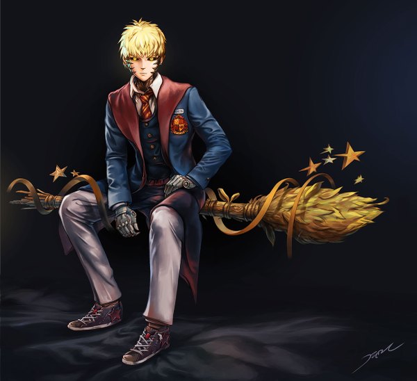Anime picture 1200x1097 with one-punch man harry potter madhouse genos pkmin90 single looking at viewer fringe short hair blonde hair sitting signed yellow eyes dark background parody black sclera broom riding mechanical parts boy uniform