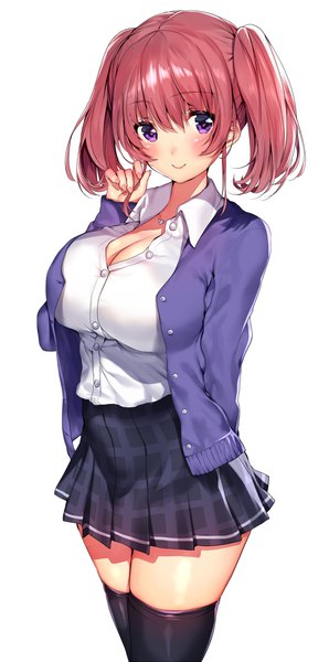 Anime picture 500x1006 with deatte hitotsuki de zecchou jorei! matarou (genkai toppa) single tall image blush fringe short hair breasts light erotic simple background hair between eyes large breasts standing white background twintails purple eyes payot cleavage red hair nail polish