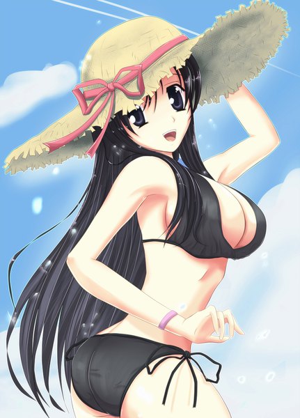 Anime picture 800x1113 with school days katsura kotonoha tenchou no matsumoto single long hair tall image looking at viewer breasts open mouth light erotic black hair smile bare shoulders sky cloud (clouds) ass looking back black eyes adjusting hat condensation trail