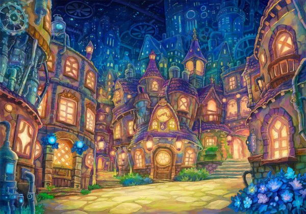 Anime picture 1252x878 with original kemi neko city no people fantasy scenic mechanical flower (flowers) plant (plants) window building (buildings) stairs gears