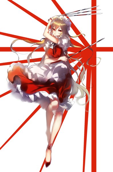 Anime picture 1316x2000 with touhou yumeko hug (yourhug) single long hair tall image looking at viewer fringe blonde hair red eyes white background ahoge maid fighting stance girl uniform weapon headdress maid headdress apron
