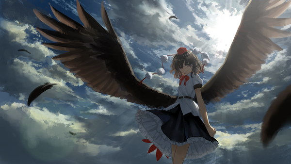 Anime picture 1920x1080 with touhou shameimaru aya suna (s73d) single looking at viewer highres short hair black hair wide image sky cloud (clouds) outdoors black wings girl skirt wings black skirt feather (feathers) fan tokin hat