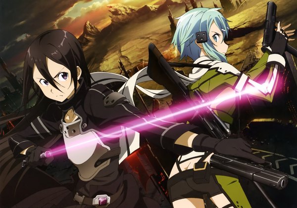 Anime picture 3808x2678 with sword art online a-1 pictures kirigaya kazuto asada shino nishiguchi tomoya long hair highres short hair blue eyes black hair purple eyes blue hair absurdres scan official art girl boy gloves weapon black gloves