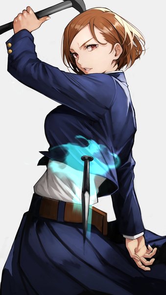 Anime picture 1157x2048 with jujutsu kaisen mappa kugisaki nobara yoshio (55level) single tall image looking at viewer fringe short hair simple background hair between eyes brown hair standing holding brown eyes long sleeves parted lips arm up grey background girl