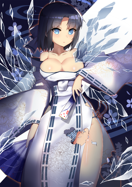 Anime picture 1200x1697 with senran kagura yumi (senran kagura) tigersaber single tall image looking at viewer blush fringe short hair breasts blue eyes light erotic large breasts standing bare shoulders holding cleavage traditional clothes parted lips wind
