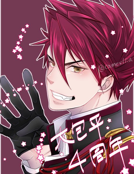 Anime picture 1000x1305 with touken ranbu nitroplus ookanehira (touken ranbu) camexllia single tall image looking at viewer fringe short hair simple background smile hair between eyes brown eyes signed upper body red hair twitter username grin boy gloves