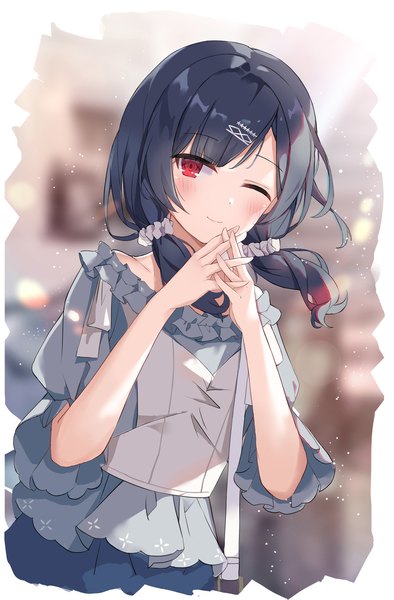 Anime picture 1296x1973 with idolmaster idolmaster shiny colors morino rinze serika single long hair tall image looking at viewer blush fringe black hair red eyes twintails upper body one eye closed wink low twintails interlocked fingers girl bobby pin