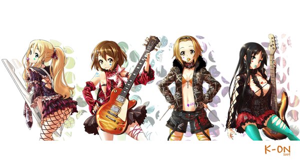 Anime picture 1920x1080 with k-on! kyoto animation akiyama mio hirasawa yui kotobuki tsumugi tainaka ritsu nekomamire long hair highres short hair light erotic wide image multiple girls ponytail open clothes torn clothes girl 4 girls lollipop guitar