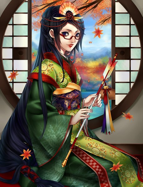 Anime picture 800x1046 with original falseele single long hair tall image looking at viewer blue eyes black hair sitting traditional clothes japanese clothes lipstick red lipstick new year girl hair ornament glasses kimono leaf (leaves) arrow (arrows)