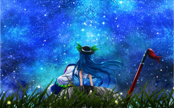 Anime picture 1920x1200 with touhou hinanawi tenshi nekominase single long hair highres wide image sitting blue hair night sky girl dress bow weapon plant (plants) hat sword star (stars) grass hisou no tsurugi